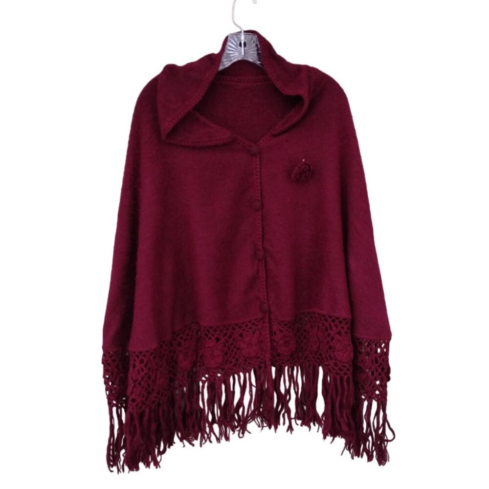 Alpaca Peru Diana Poncho Cloak Cape Crochet Fringe Brushed Rustic Burgundy O/S
